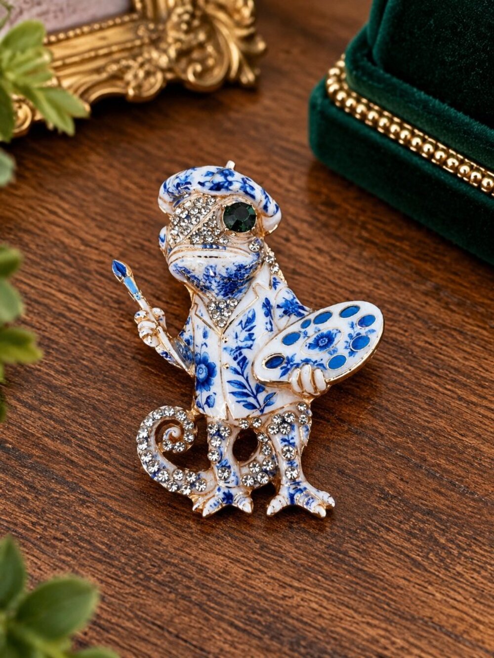 Blue & White Enamel Artist Chameleon Brooch with Green Crystal Eye
